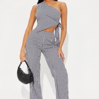 Conjunto de Pantalón y Top Un Hombro en Cuadros Vichy